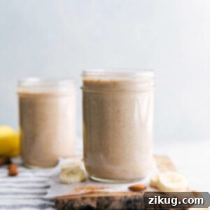 Finished Banana Smoothie, blended and ready to drink, presented in a glass.