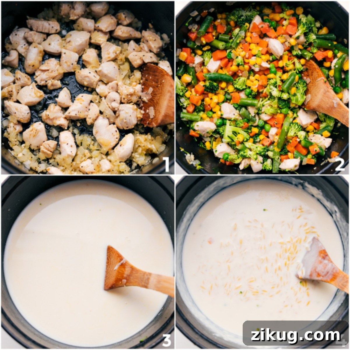 The cooking process of Creamy Orzo: chicken is first browned, followed by vegetables, then the creamy sauce and orzo are added, simmering together until everything is perfectly tender and coated in a rich, creamy texture.