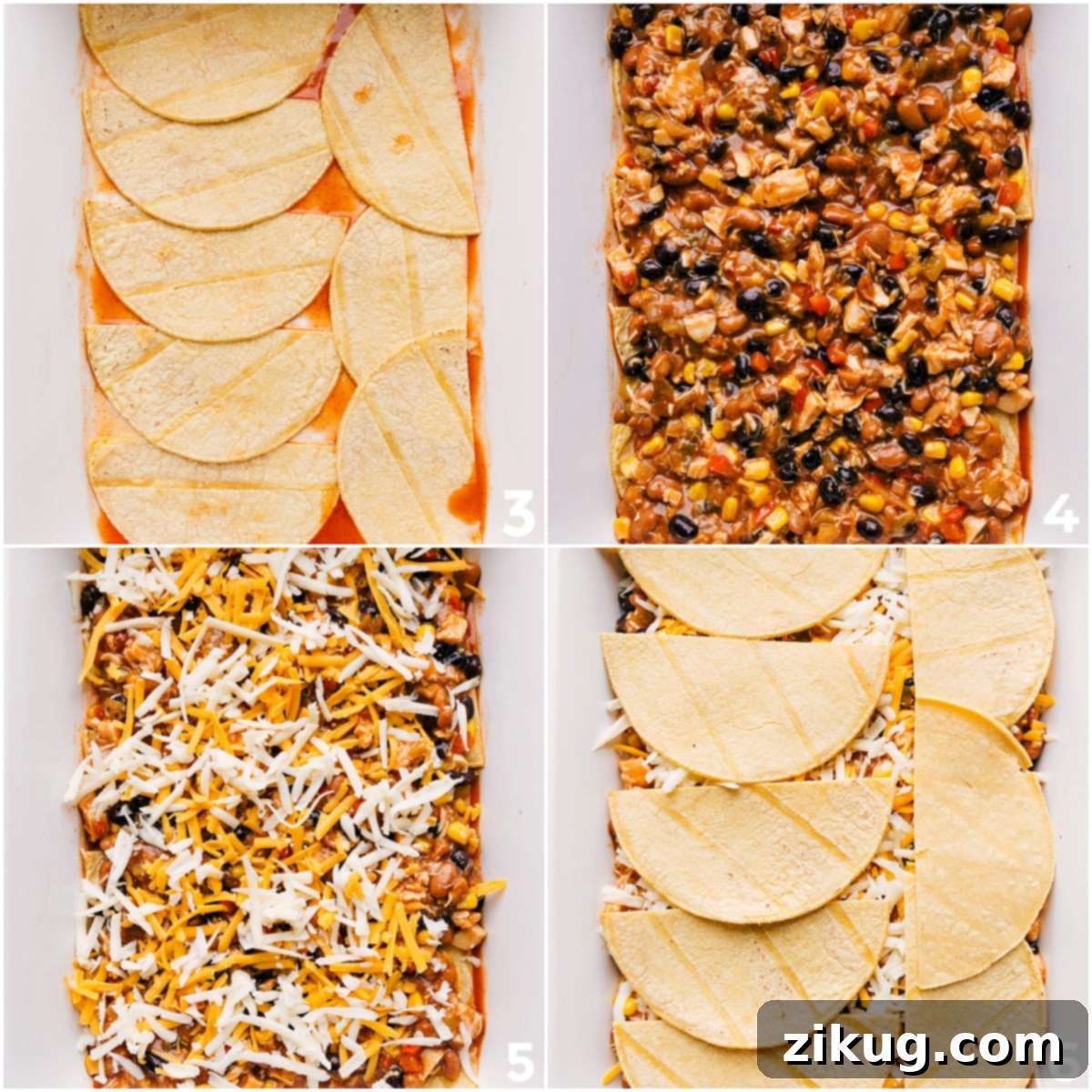 The dish being layered in a pan, starting with sauce, followed by tortillas, the filling, and cheese, then repeating the layers.