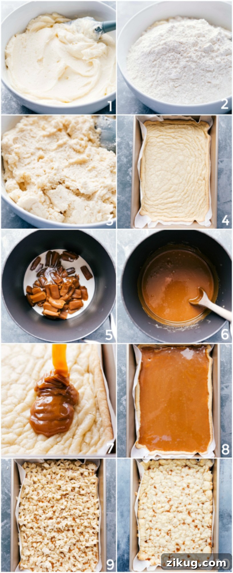Making the delicious salted caramel cookie bars from start to finish, including preparing dough, layering with caramel, baking, and slicing into bars.
