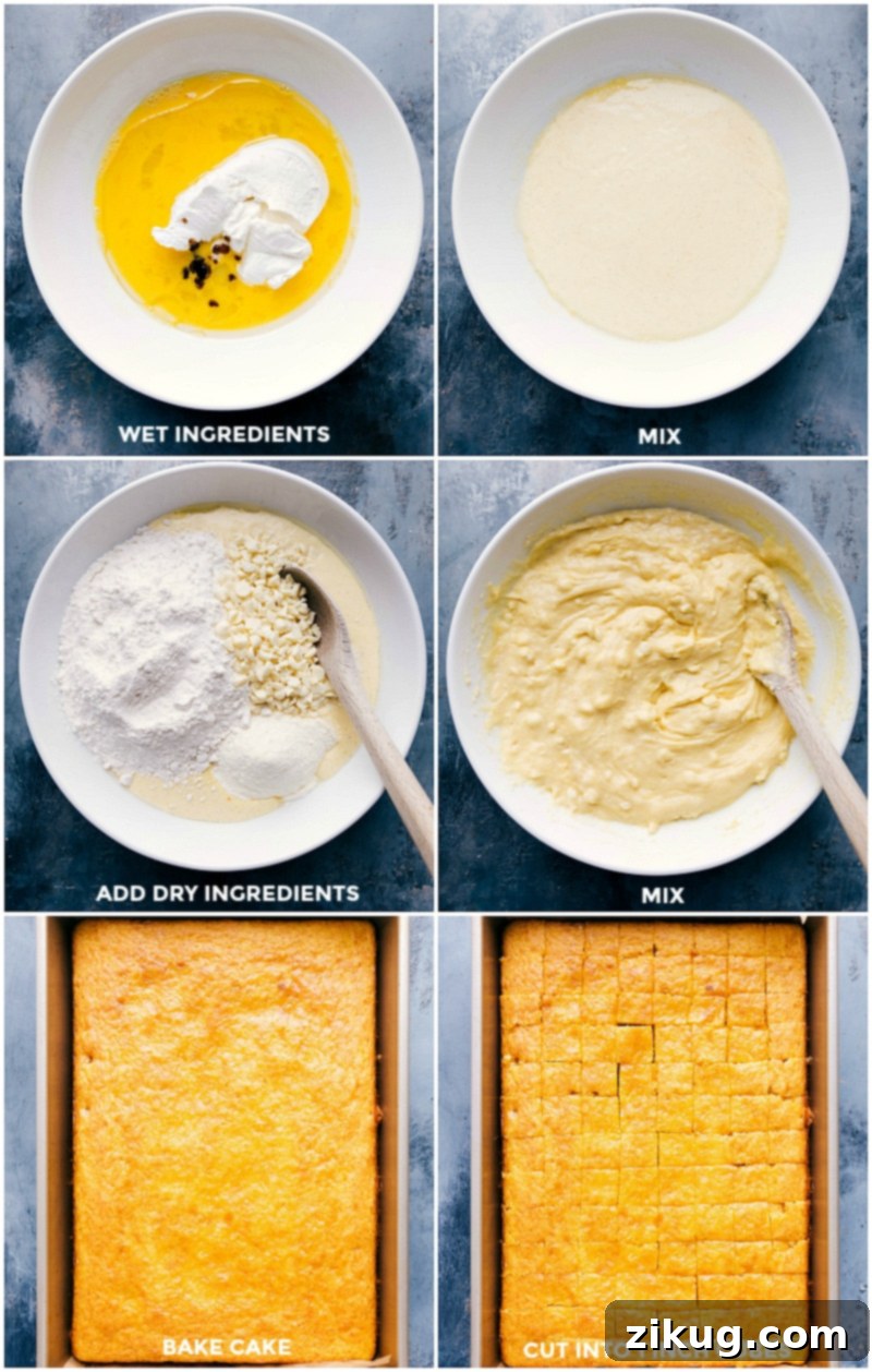 Step-by-step photos showing ingredients mixed into cake batter, a baked cake in a pan, and cake cut into perfect cubes for layering.
