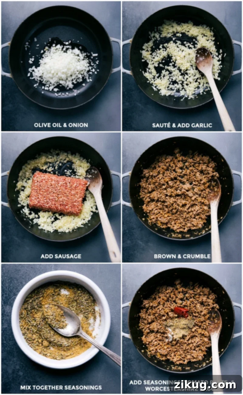 Step-by-Step Cooking: Preparing a Savory Sausage Sauce with Onions and Garlic Sautéing onion and garlic, browning and crumbling sausage, and adding measured seasonings, tomato paste, and worcestershire sauce to the pan.
