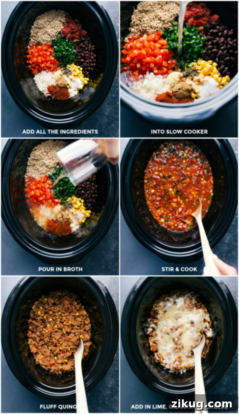 Tex-Mex Quinoa in Crockpot with Fresh Lime, Cilantro, and Cheese Ingredients being added to a crockpot, cooked, then topped with fresh lime, cilantro, and cheese for a delicious Tex-Mex Quinoa.