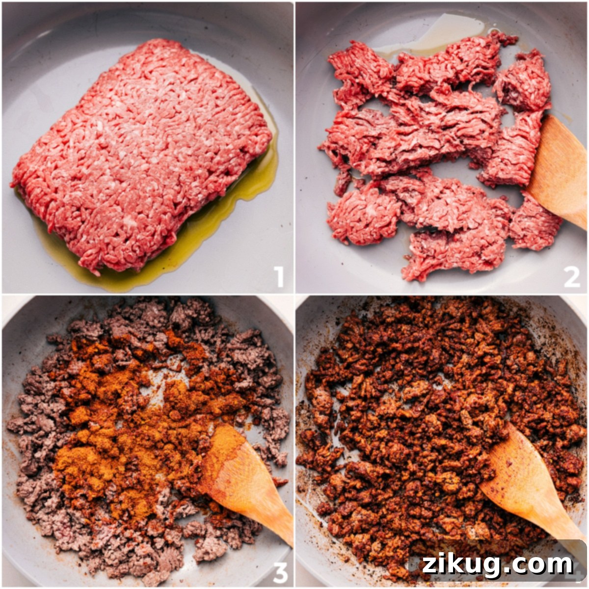 Ground beef browning in a large skillet, with taco seasoning being sprinkled over it, a crucial step for infusing flavor into the Taco Pasta Salad.