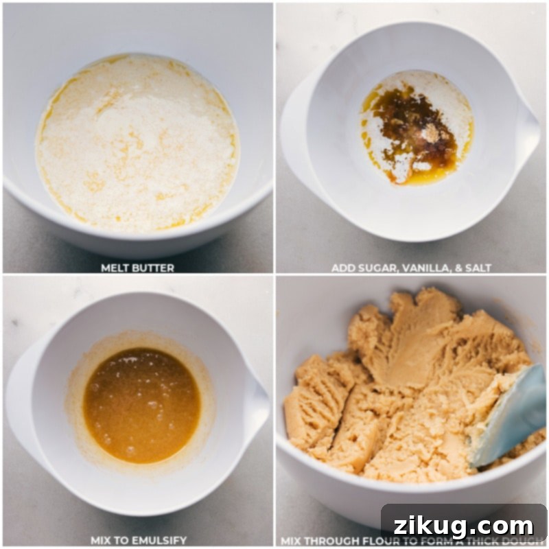 Process shots showing butter, sugar, vanilla, salt, and flour being mixed together for the shortbread crust of Twix Bars.