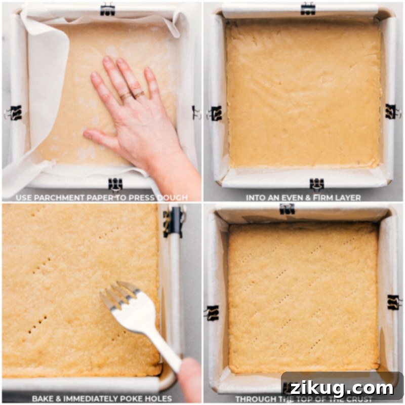 Process shots of the shortbread crust being baked to golden perfection for homemade Twix Bars.