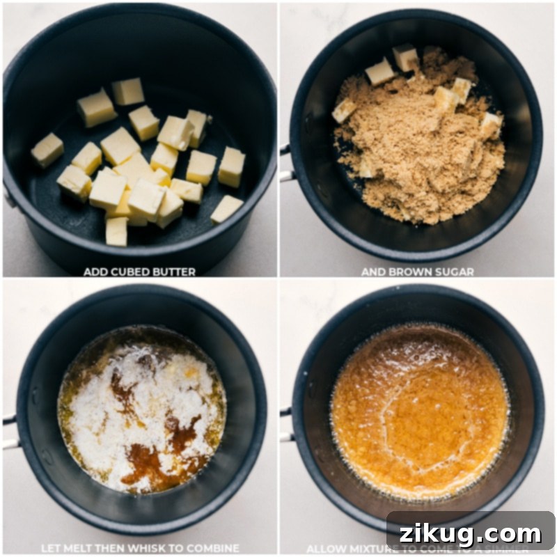 Process shots of the caramel layer being prepared, showing butter and brown sugar simmering, followed by condensed milk and vanilla.