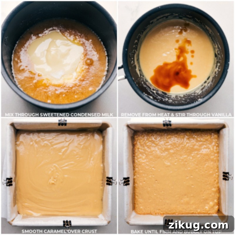 Process shots of Twix Bars layering, showing sweetened condensed milk and vanilla added to the caramel, then layered on baked shortbread.