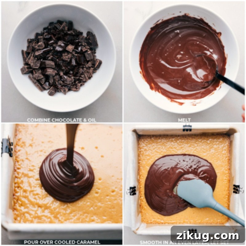 Process shots showing the melted chocolate being smoothly layered over the set caramel for the Twix Bars.