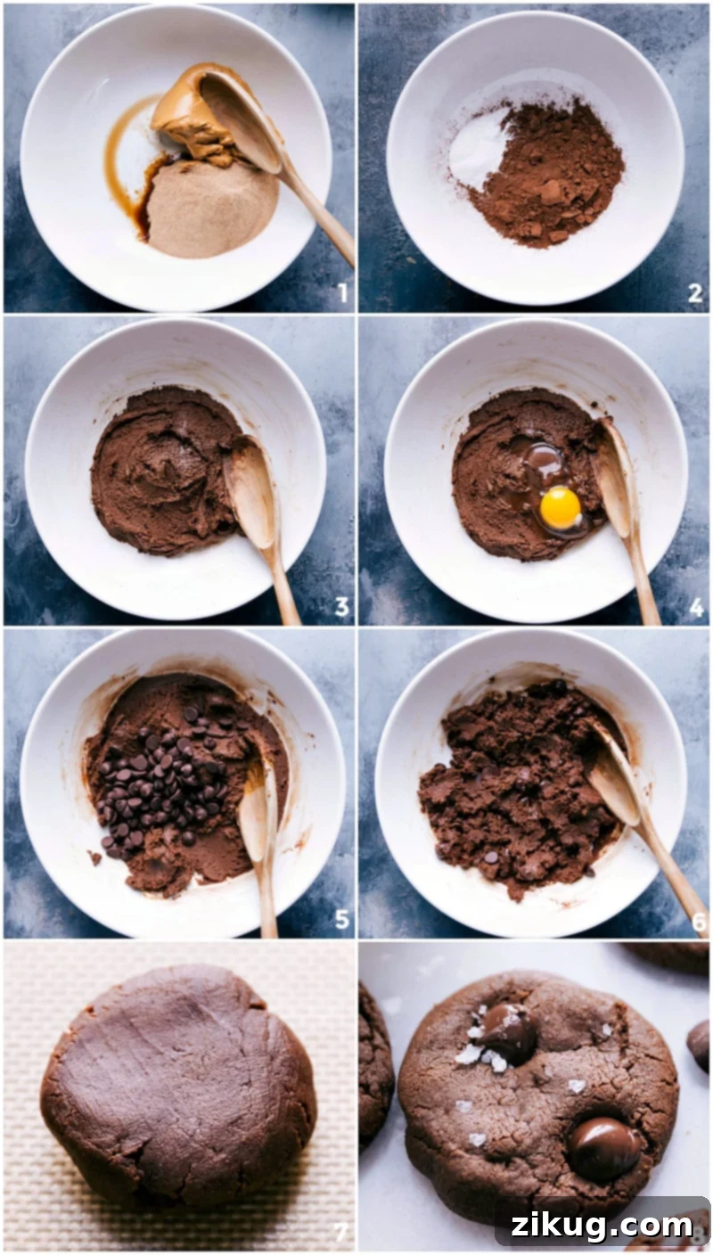 Process of Making, Rolling, and Baking Dough The process of making healthy chocolate cookies: dough being mixed, rolled into perfect balls, and then baked until golden brown.