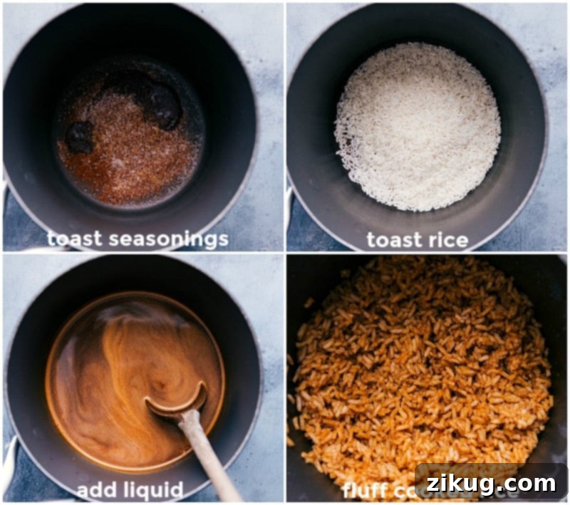 Toasting the seasonings, toasting the rice, adding liquids, and fluffing the cooked rice.