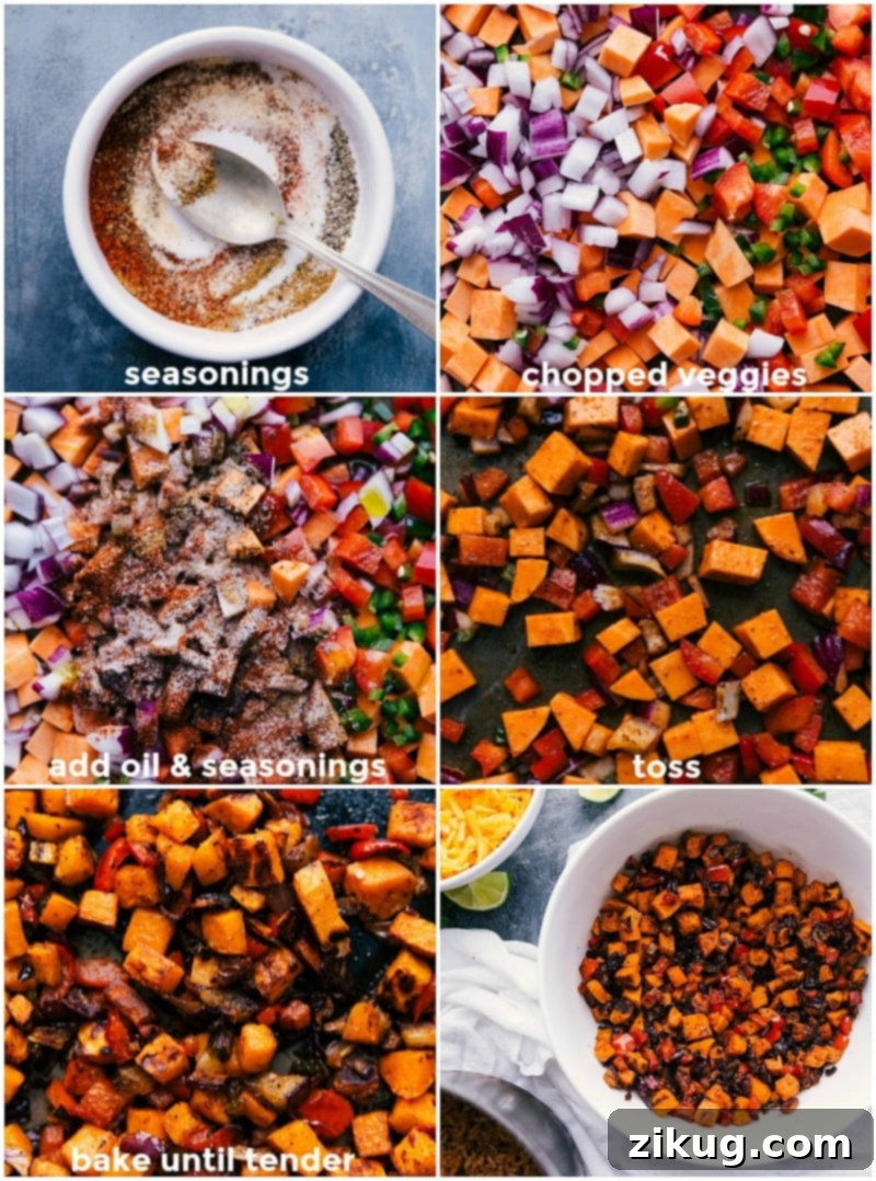 Combining seasonings, chopping veggies, adding oil and seasonings to the vegetables, tossing to combine, baking until tender, and serving.