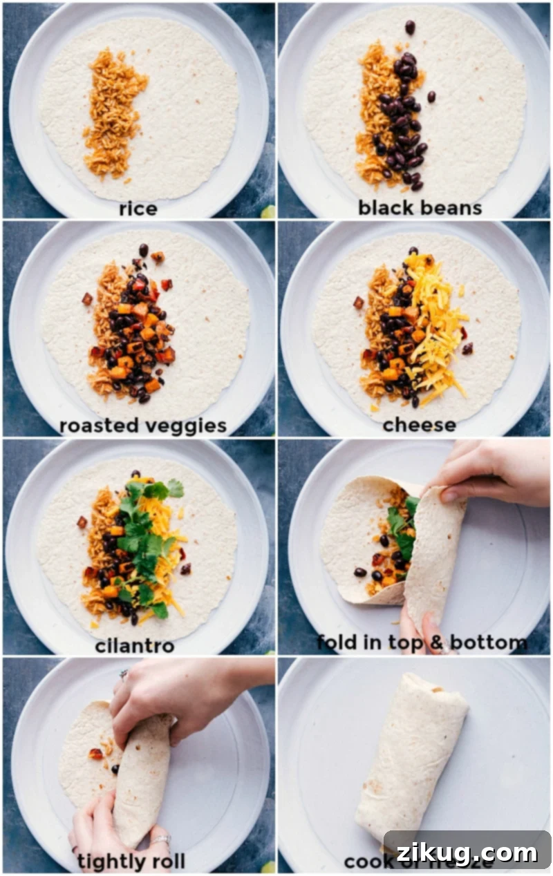 Assembling the healthy breakfast burritos by placing rice on a tortilla, adding black beans, piling on roasted veggies, sprinkling with shredded cheddar cheese, topping with cilantro, folding the tortilla over the filling, rolling it tightly, and cooking or freezing.