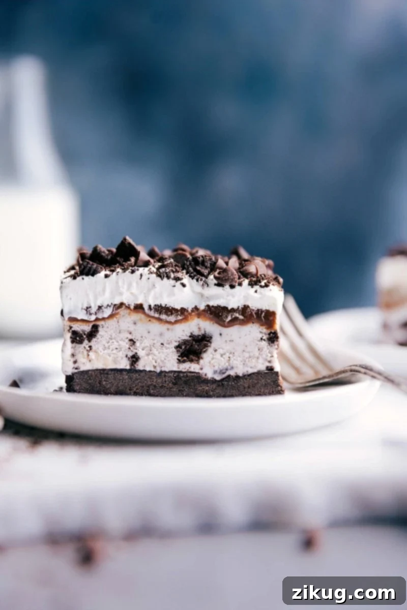 Easy Oreo Ice Cream Cake 2 A tantalizing slice of homemade Oreo ice cream cake, showcasing its distinct layers of crunchy cookie crust, creamy cookies and cream ice cream, rich hot fudge, and fluffy whipped topping, served on a plate ready to be savored.