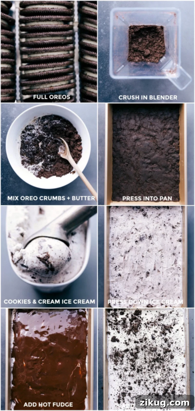 Creating Indulgence: Step-by-Step Layering of Oreo Ice Cream Cake with Fudge and Whipped Cream Toppings A visual guide showing the meticulous layering process of the Oreo ice cream cake: first the crunchy Oreo crust, followed by scoops of creamy ice cream, then a generous spread of rich hot fudge, and finally, a fluffy layer of whipped cream topping.