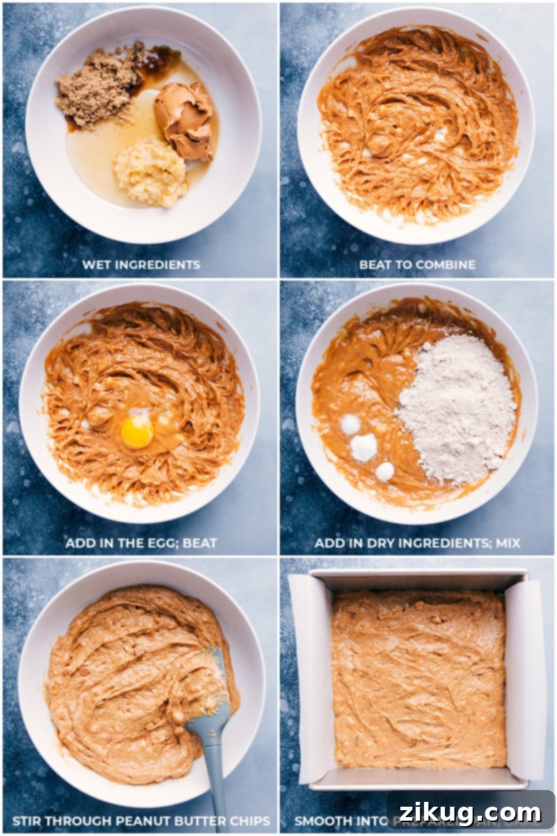 A glimpse into the simple, one-bowl preparation of our nutritious Peanut Butter Banana Bars recipe. Process shots showing wet ingredients and dry ingredients being combined and mixed together, then added to a prepared baking pan for Peanut Butter Banana Bars.