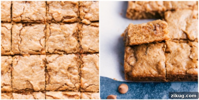 Perfectly portioned Peanut Butter Banana Bars, showcasing their dense, chewy interior. Image of the peanut butter banana bars neatly cut into squares, ready for serving.