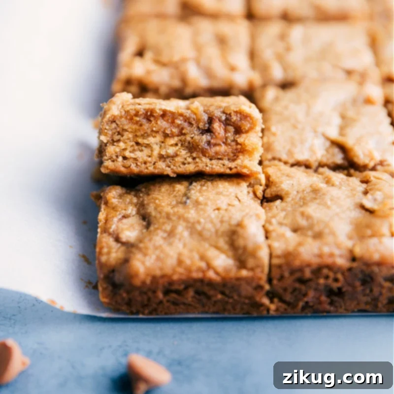 A close-up of a warm, inviting Peanut Butter Banana Bar, highlighting its textures and wholesome ingredients. Up close image of the peanut butter banana bars, ready to be eaten, showing their soft interior and studded with chips.