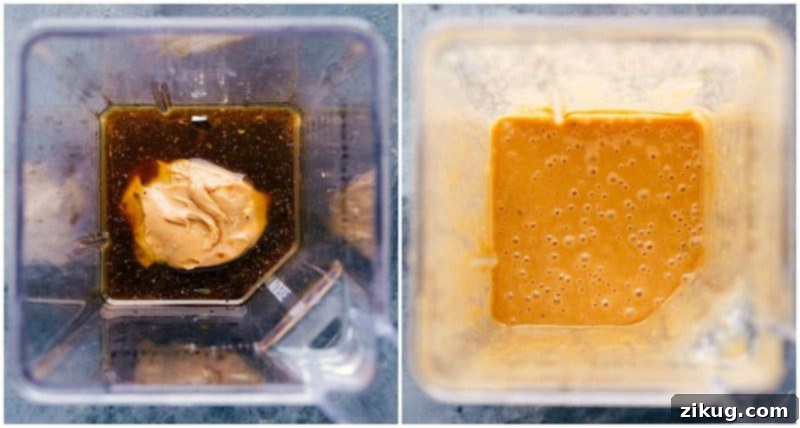 Creating a Delicious Sauce: Blender in Action A blender filled with creamy ingredients for a delectable peanut sauce, ready to be mixed together.