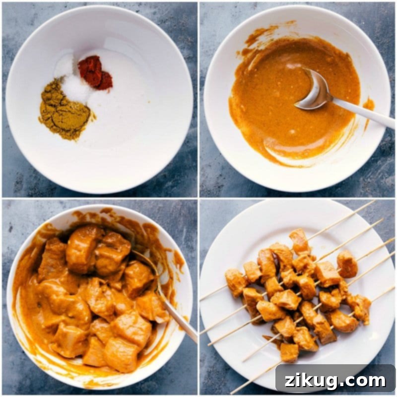 Coconut milk and curry-marinated chicken is grilled on skewers and dipped in a simple and sweet peanut sauce. Peanut Sauce Chicken uses pantry staples, yet is flavorful and easy to make. The process of making peanut butter chicken: marinating chicken with coconut milk and curry, skewering it, grilling to perfection, and serving with a side of sweet peanut sauce.