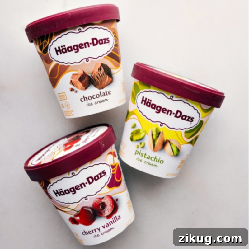 High-quality ice cream flavors for homemade Spumoni. Ingredients for Spumoni Ice Cream including cherry, chocolate, and pistachio ice cream pints.