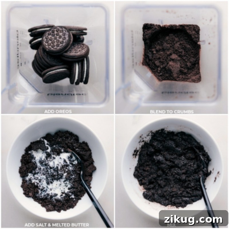 Making the crunchy Oreo crust for Spumoni bars. Process shots of preparing the Oreo crust: Oreos being crushed, then mixed with melted butter and salt.