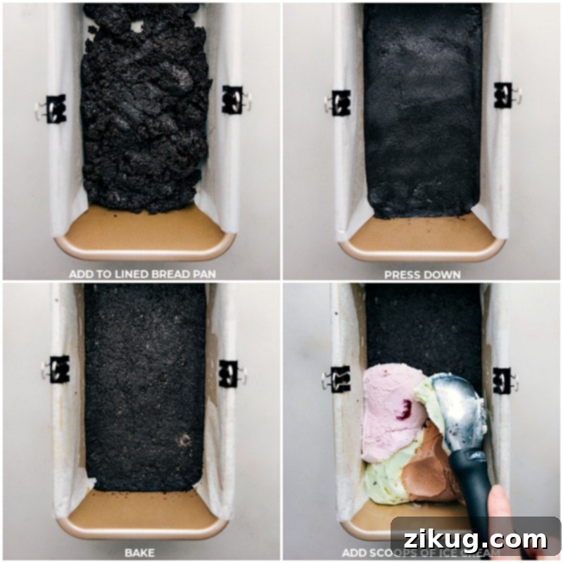 Layering ice cream flavors in a loaf pan for perfect Spumoni bars. Process shots of layering the Oreo crust into a cake pan, followed by alternating layers of ice cream.