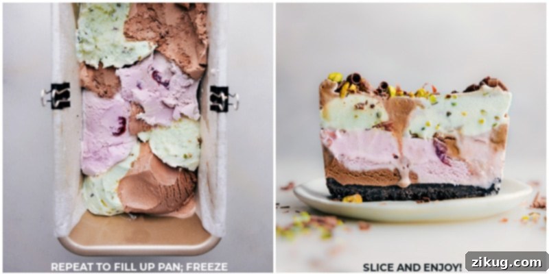 The final layering of ice cream for homemade Spumoni. Process shots of the loaf pan being filled with alternating layers of cherry, chocolate, and pistachio ice cream.