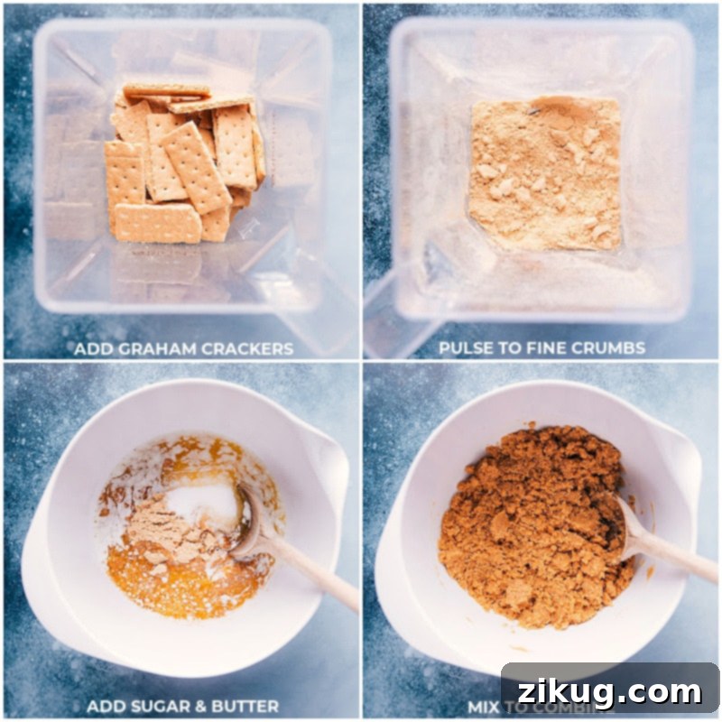 Process shots showing graham crackers being blended into fine crumbs, followed by melted butter and sugar being added and mixed to form the crust mixture, a vital step for the Raspberry Jello Dessert.