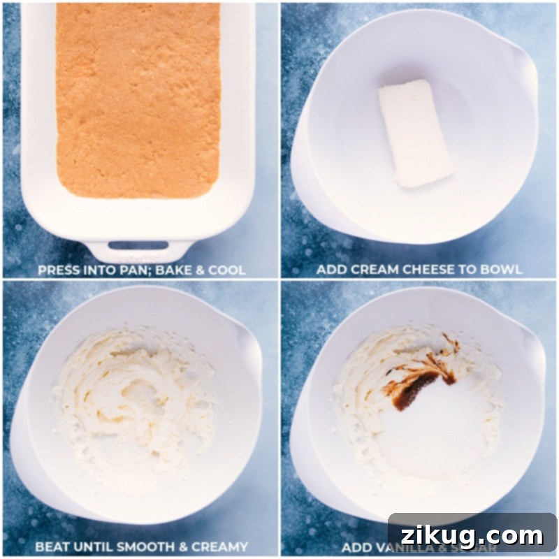 Process shots of the raspberry Jello dessert: pressing the graham cracker crust into a baking pan, followed by whipping together the cream cheese filling until smooth and creamy for the second layer.