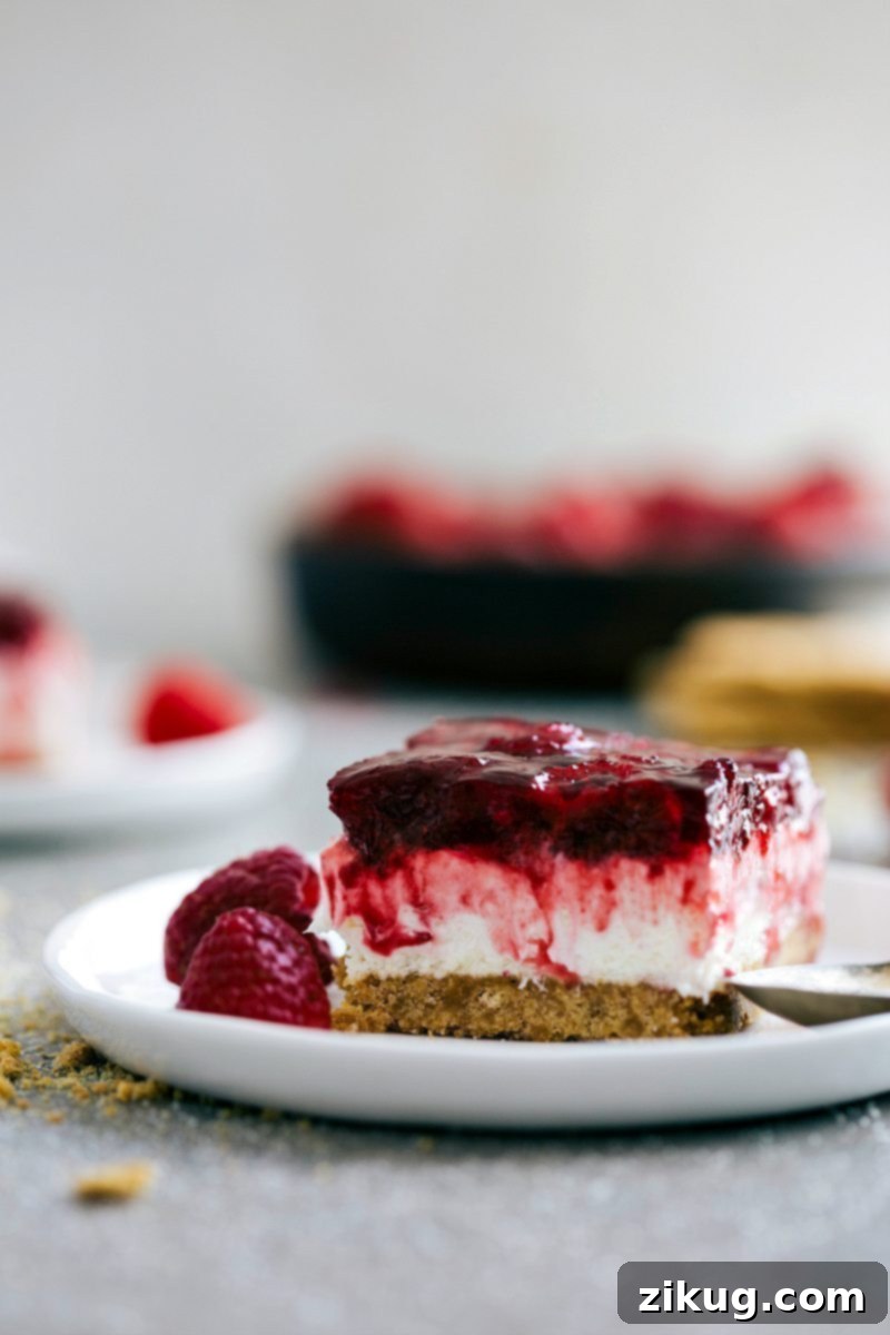 Image of the Raspberry Jello Dessert on a plate, perfectly sliced and garnished, ready to be served at a gathering or holiday event. The layers are clearly visible.