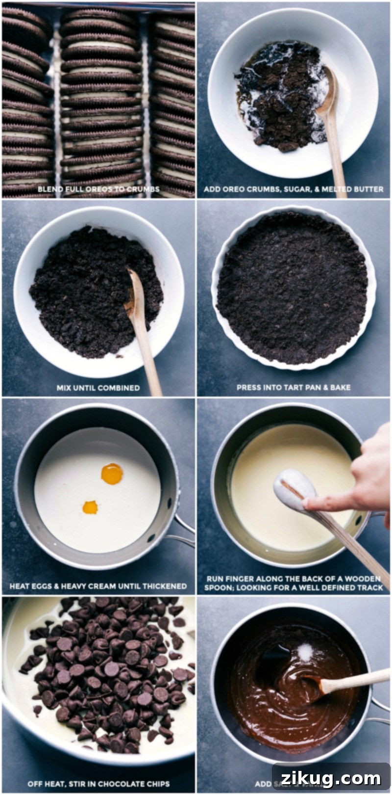 Step-by-step images: Blending cookies, mixing crumbs with sugar and butter, pressing crust into pan, and heating cream and egg yolks.