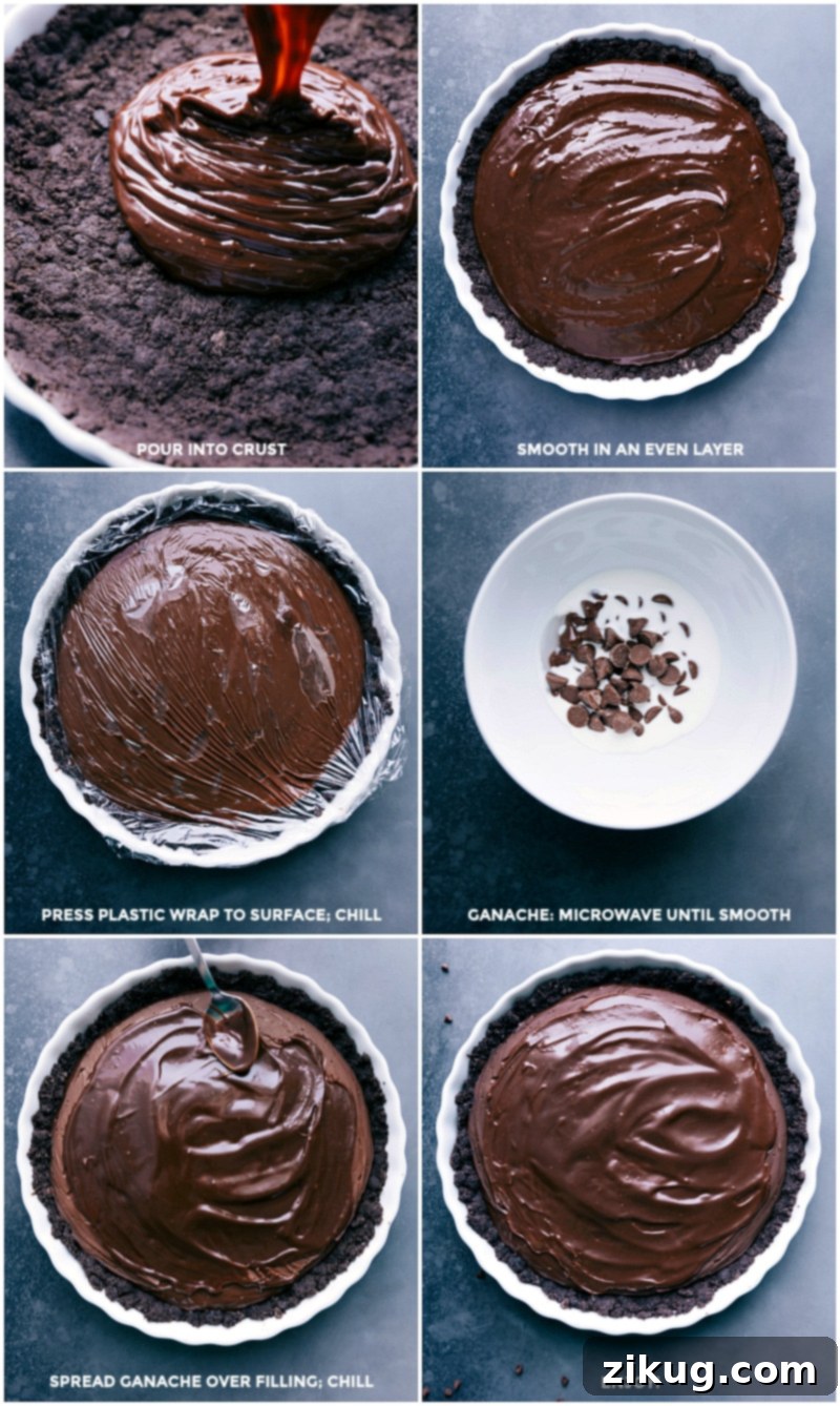 Step-by-step images: Pouring filling, chilling, making ganache, spreading ganache, and the finished chocolate tart slice ready to eat.