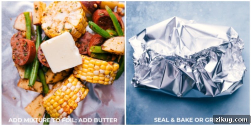 The best ever Foil Pack Garlic Butter Sausage & Veggies with smoked sausage, red potatoes, sweet corn, and crisp green beans. Quick prep and easy cooking on the grill or in the oven for a perfect family dinner. #dinner #quick #easy #simple #camping #overfire #grilled #garlicbutter #sausage #veggies #foilpacks Adding ingredients to the foil and sealing the packet for these garlic butter sausage tin foil meals
