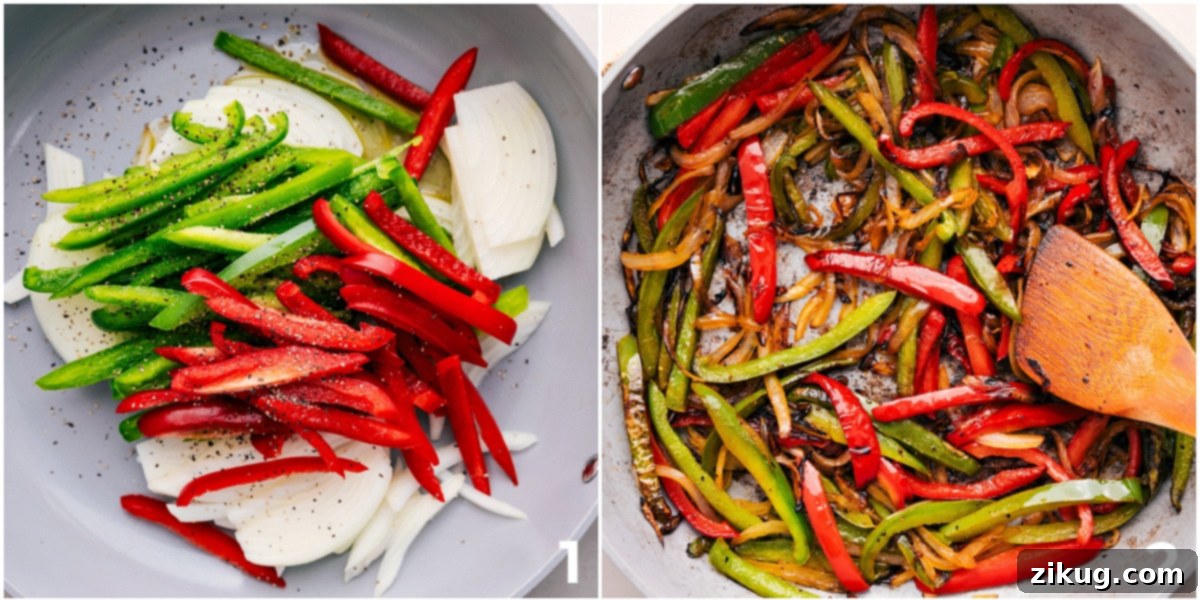 Cooking The Peppers And Onions For The Chicken Fajita Bowl Sauté the peppers and onions in oil and seasonings.