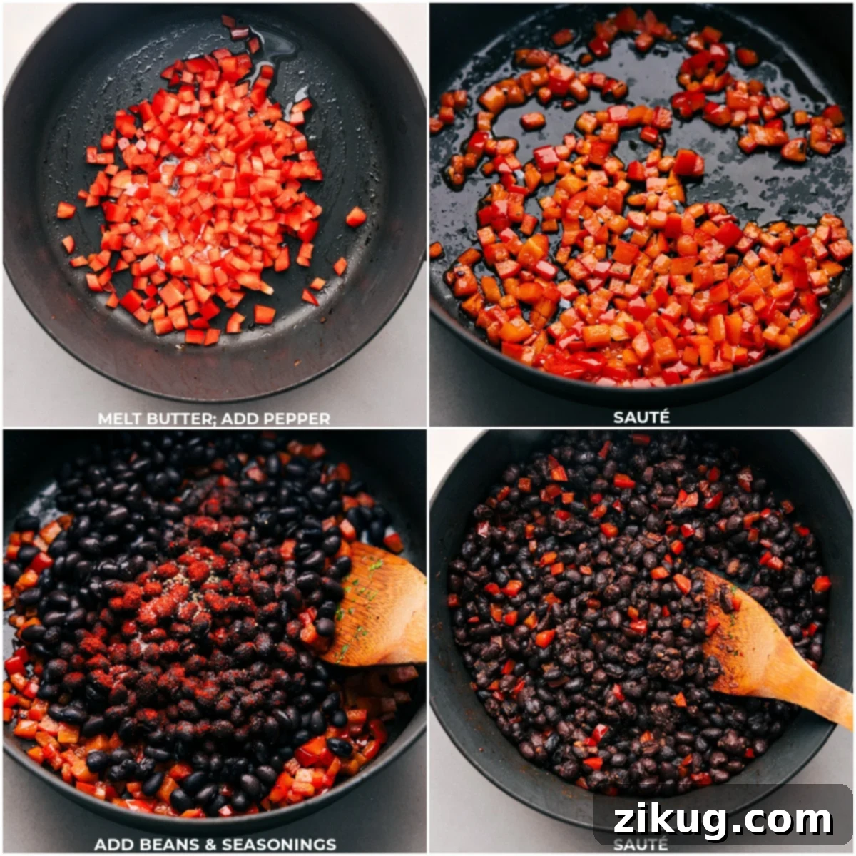 Best Black Bean Burrito Bowls Preparation Peppers, beans, and seasonings being sautéed in a pan for these Black Bean Burrito bowls.