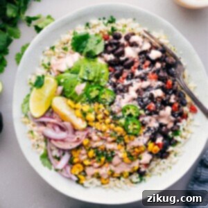Black Bean Burrito Bowls in a serving dish, ready to eat.