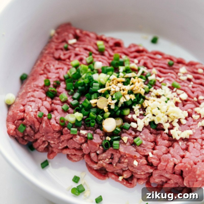 Combining Ground Beef with Diced Green Onions and Seasonings Combining ground beef with diced green onions and a blend of seasonings, capturing the initial step in preparing the best burger recipe.