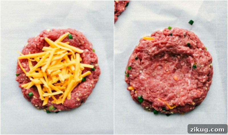 Forming Ground Meat into Cheese-Stuffed Patty Ground meat skillfully shaped into a round patty with cheese in the middle.
