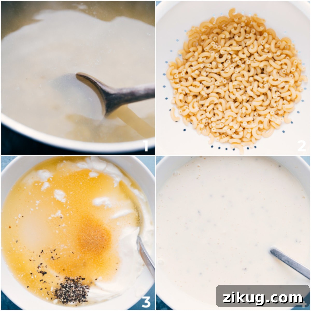 Cooking the elbow macaroni and whisking the homemade dressing for the Macaroni Coleslaw Salad in separate bowls, illustrating preparation steps.