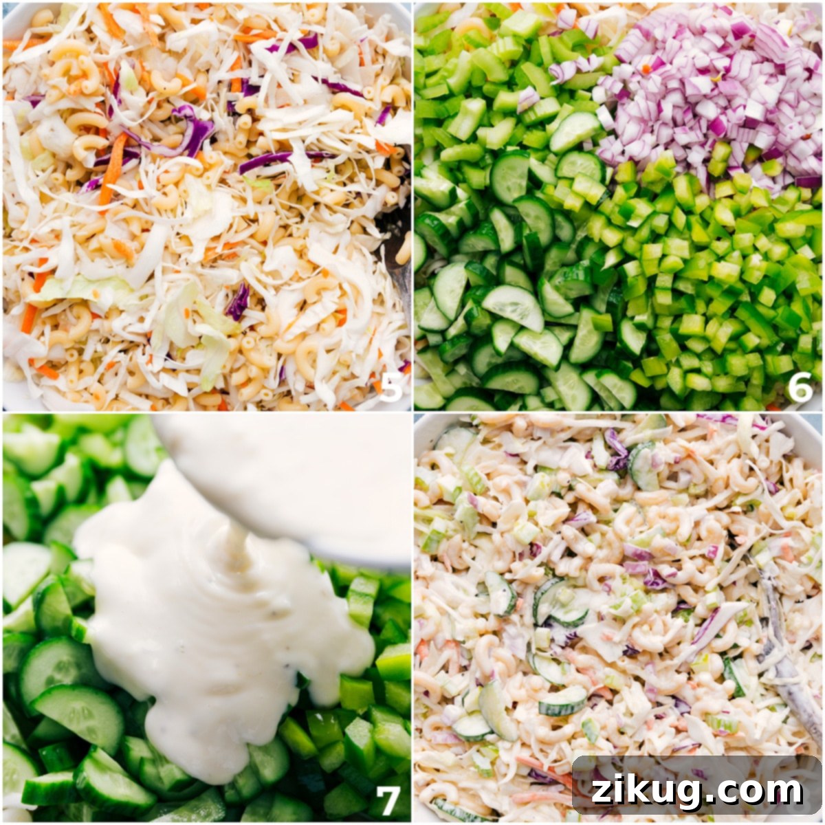 Combining all the prepared ingredients for Macaroni Coleslaw Salad in a large bowl and tossing them thoroughly with the creamy dressing.