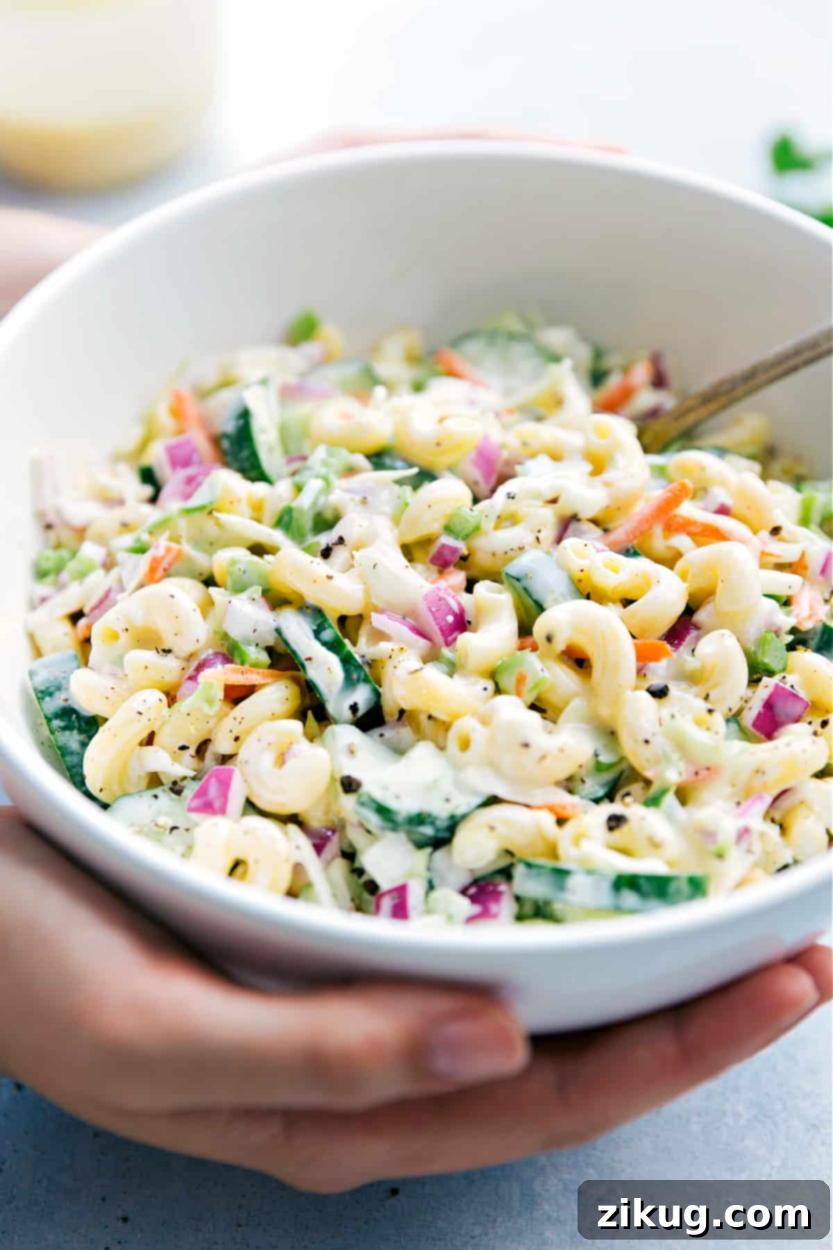 A person proudly holding a bowl brimming with the best homemade Macaroni Coleslaw Salad, showcasing its inviting appearance.