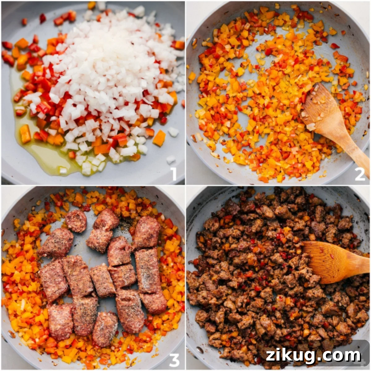 How To Make Italian Sausage Sandwiches The process of preparing Italian Sausage Sandwiches, showcasing colorful bell peppers and onions being sautéed until tender, and ground Italian sausage being browned in a skillet for a rich and savory filling.