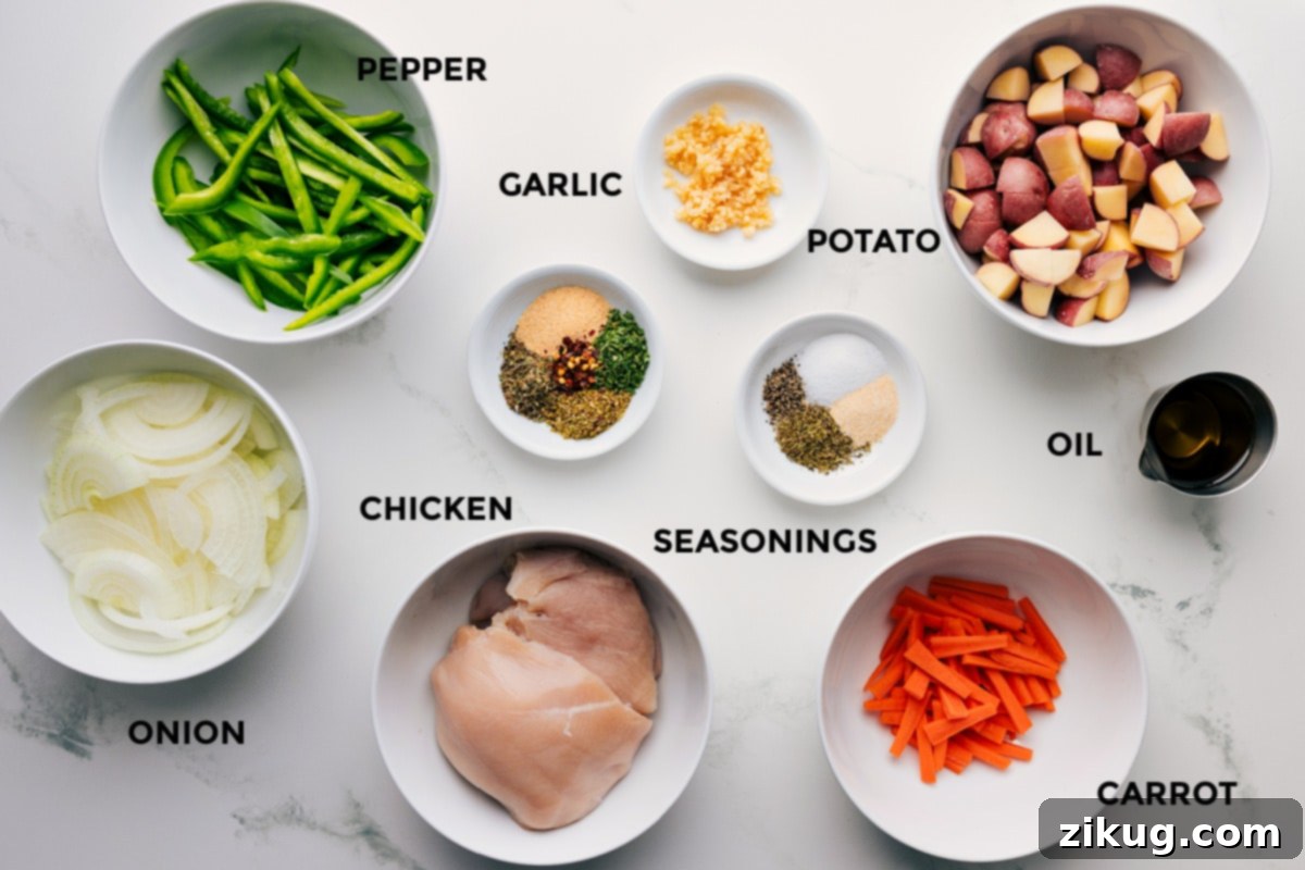 Ingredients In Foil Pack Italian Chicken And Veggies All the ingredients in this recipe are prepped ahead for easy assembly, including the onion, pepper, garlic, meat, seasonings, carrot, potatoes, and oil.