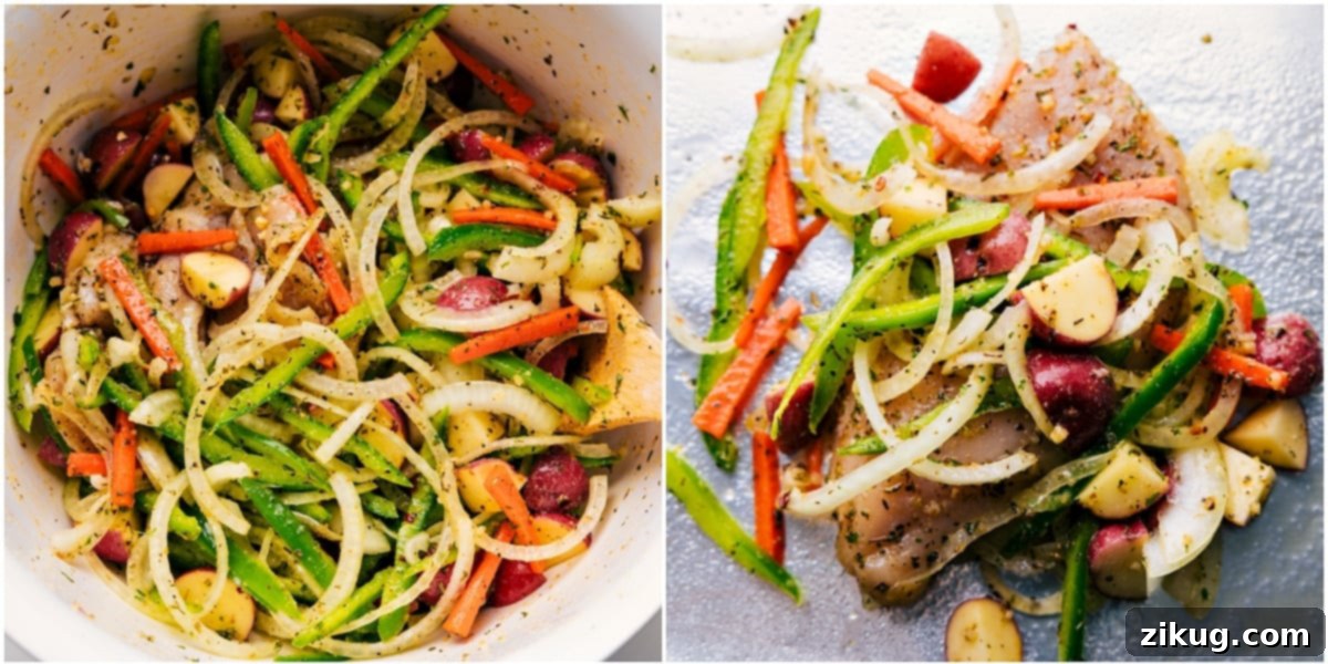 Easy Italian Chicken & Veggie Foil Bake 3 All the ingredients tossed together in a big bowl to season and oil them and then the mixture placed on a foil for this foil pack Italian chicken and veggies.