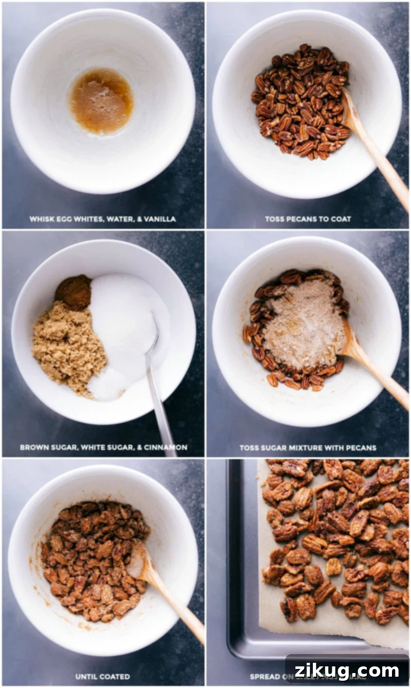 The process of making candied pecans, showing nuts coated in a sweet mixture, baking on a sheet pan for a crunchy topping.