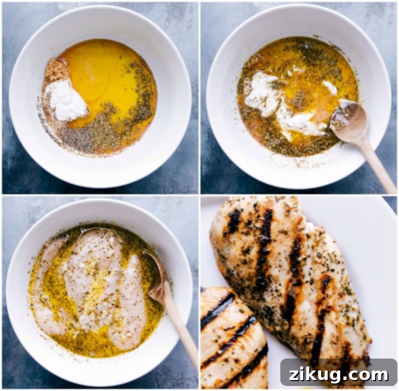 Marinated and Grilled Chicken Chicken in marinade, followed by the grilled chicken with char marks.