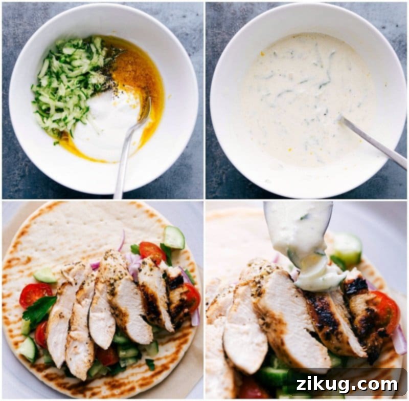 Making Tzatziki Sauce and Adding to Dish Ingredients being mixed to create tzatziki sauce, then the creamy sauce drizzled over a prepared dish.
