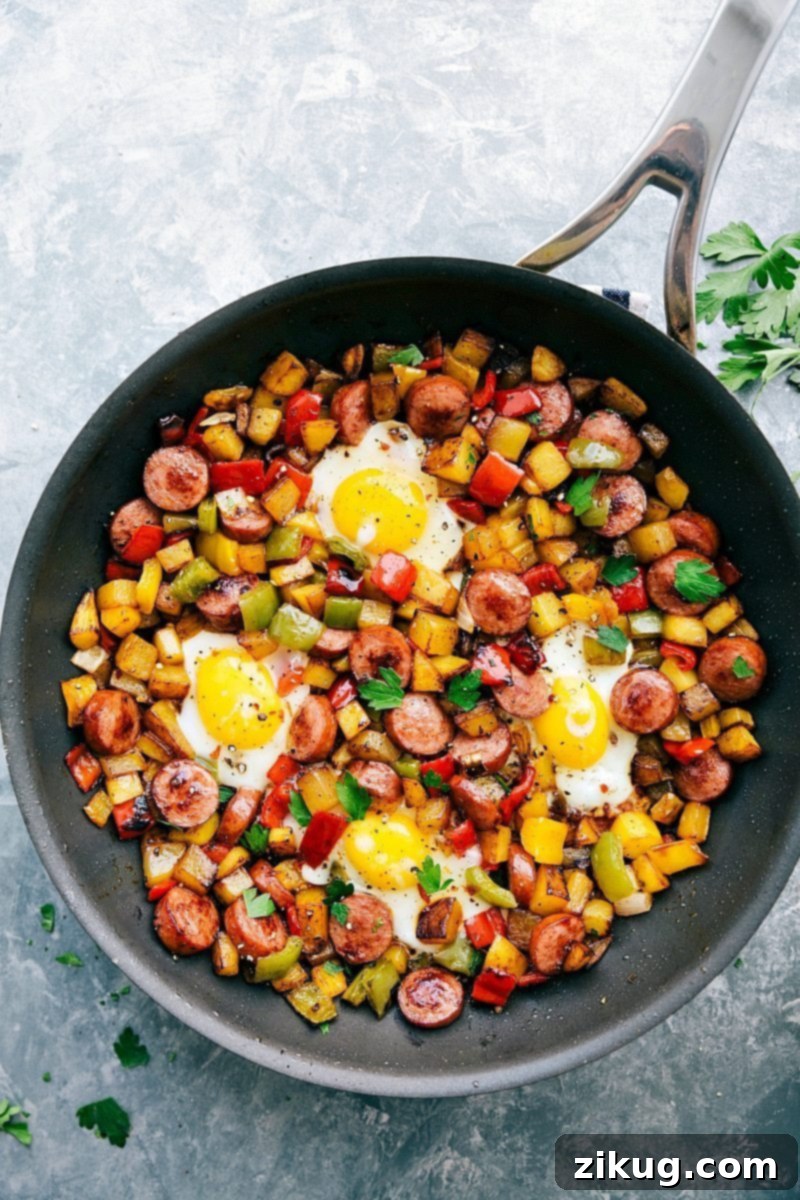 Delicious one-pan smoked sausage and veggie hash, perfect for breakfast or dinner, with optional eggs for extra protein.