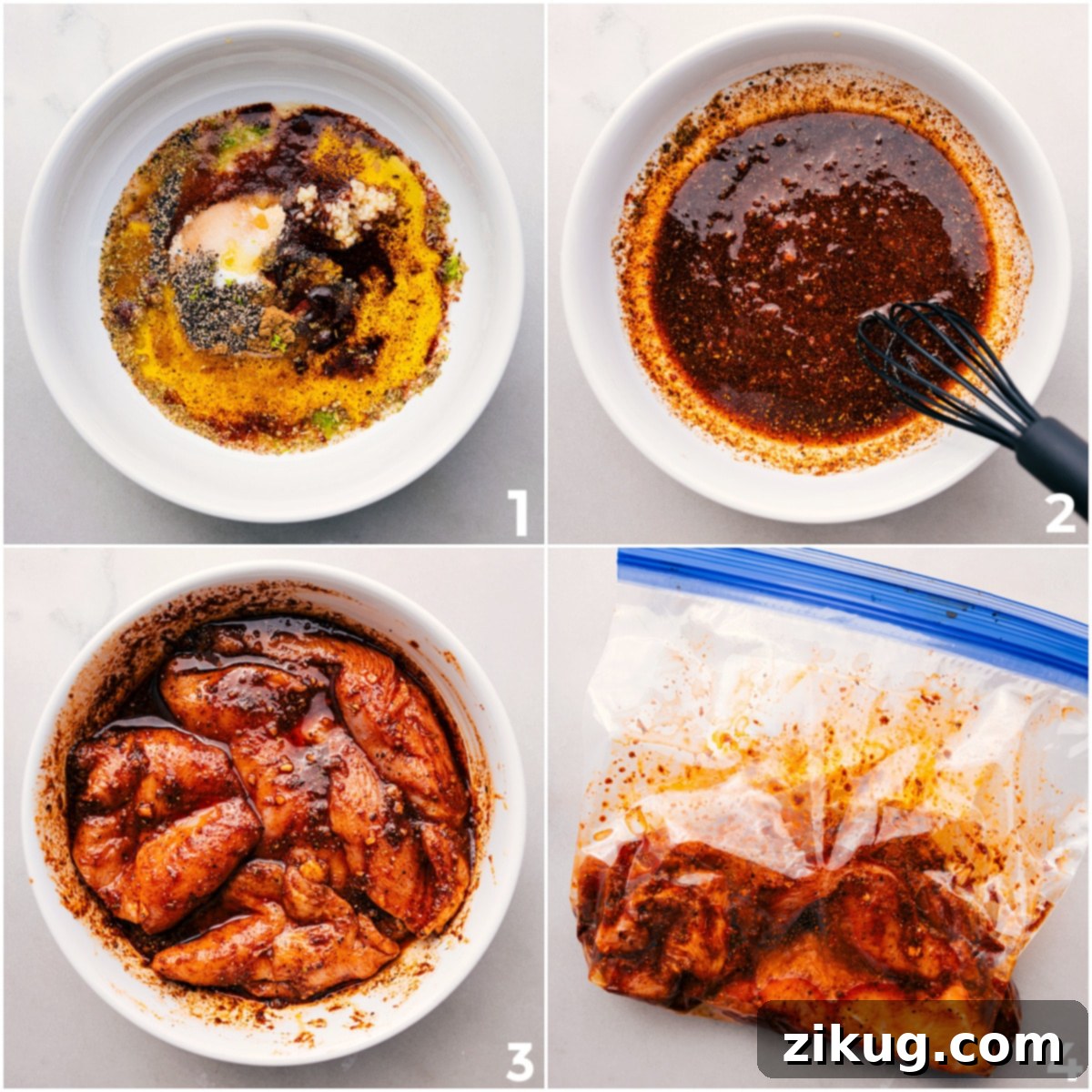 The marinade is whisked together in a bowl, and the chicken is added to marinate for this summer chicken recipe.